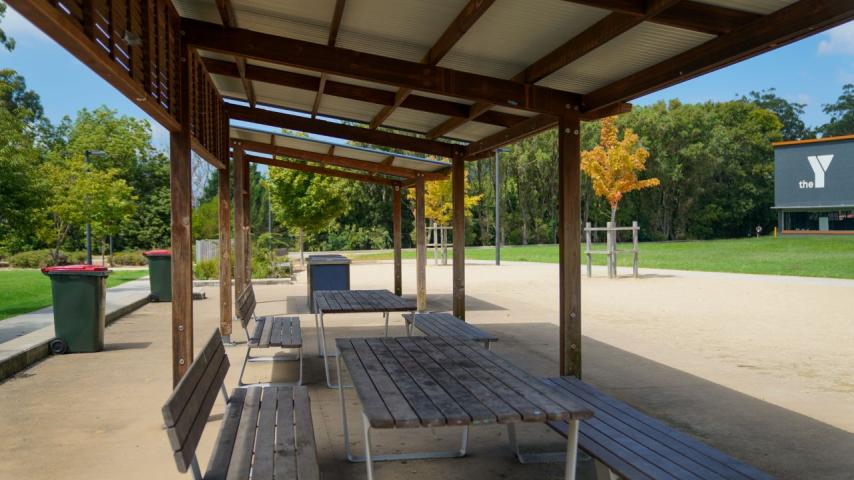 picnic tables and shaded area