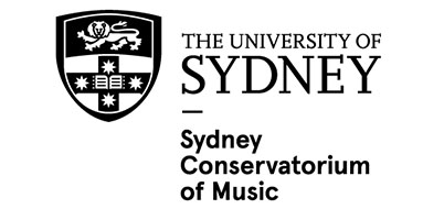 Logo for the University of Sydney, featuring a black and white shield emblem and text that reads "Sydney Conservatorium of Music" on a white background.