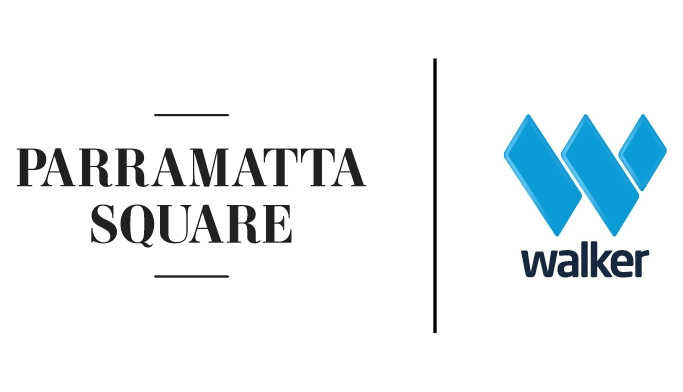"Logo with bold text 'Parramatta Square' on the left, separated by a vertical line from the Walker logo, featuring blue geometric shapes and text."