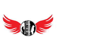 Logo with a black and white piano keyboard and microphone silhouette at the center, flanked by red wings. It conveys a sense of music and freedom.