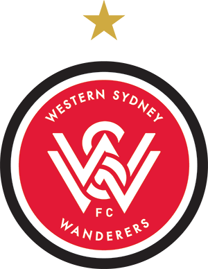 Red circular logo of Western Sydney Wanderers FC with stylized "W" design. The text "Western Sydney Wanderers" encircles the emblem. A gold star is above.