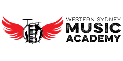 A circular logo with black piano keys and a silhouette of a person, flanked by red wings, set against a black background. Minimalistic and bold design.
